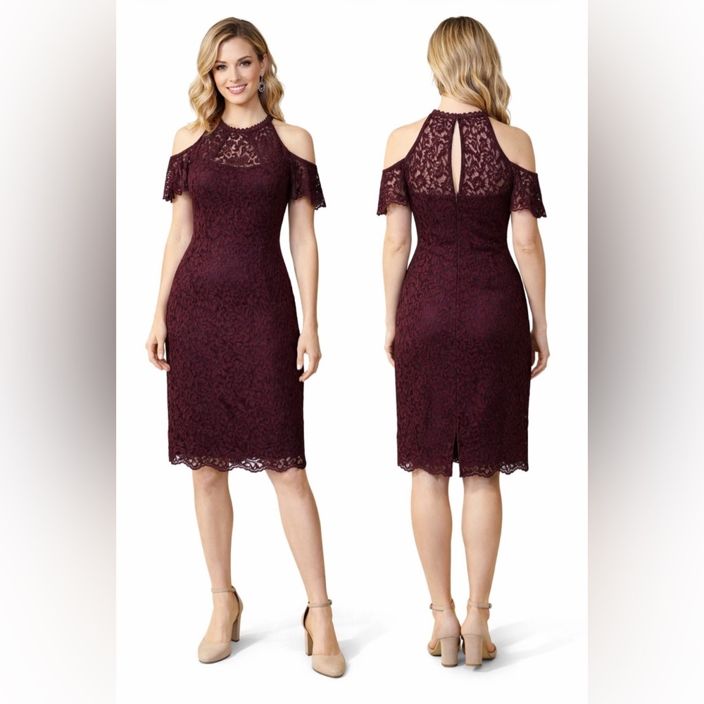 WHBM Dress 6 Plum Sheath Career Church Short Flutter Sleeve Lace Washable